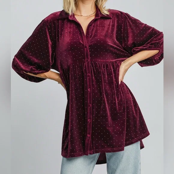 NWT Umgee PLUS + REG Size Red Polka Dot Button Down Babydoll Style Shirt Top - Picture 1 of 6